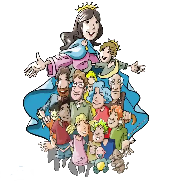 Díbujo de María Auxiliadora con niños , animadores y maestros bajo siu manto. Colegio Mar´çia Auxiliadora Boedo, Buenos Aires